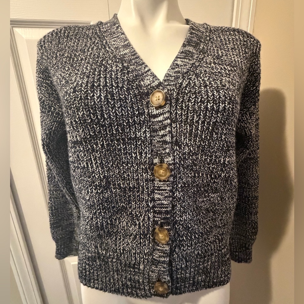 Duluth Trading Co Black & White Marled V-Neck Button Cardigan, Size XS